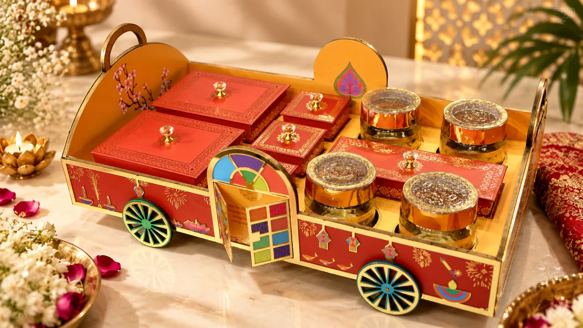 Hand-painted festive cart boggi box with red lidded boxes and glass jars
