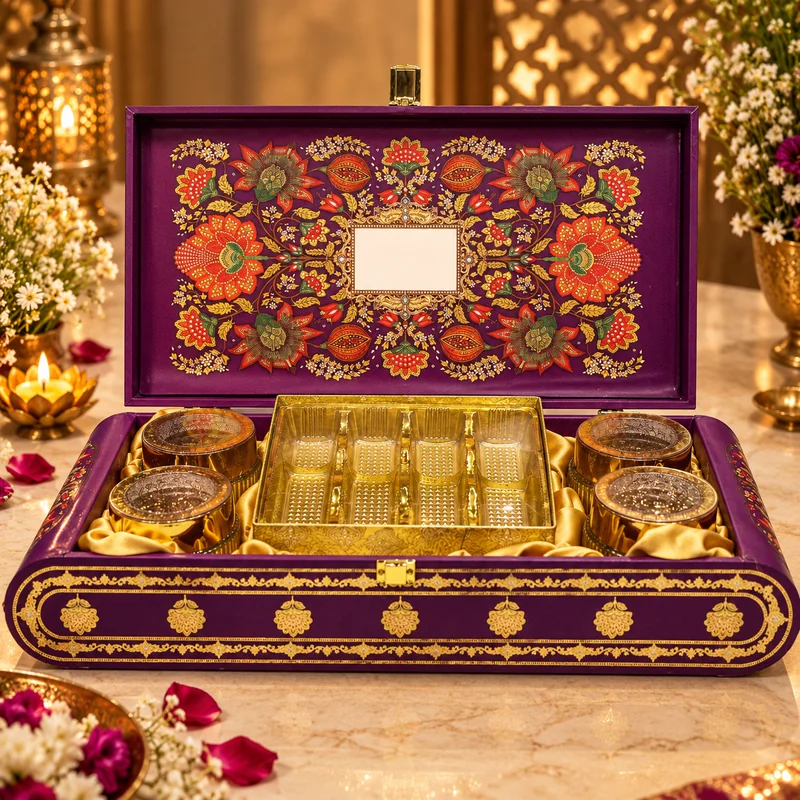 Founded — purple presentation box with a hand-painted floral lid and gold jars