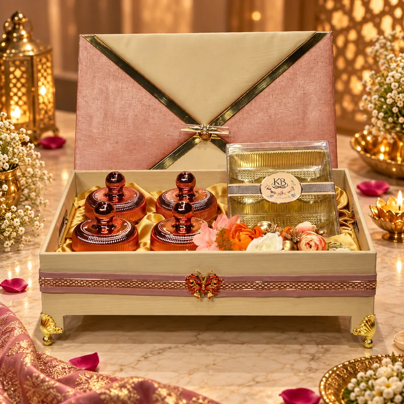 Modern Manufacturing — footed cream tray with a rose-gold envelope lid, copper jars and gold inserts