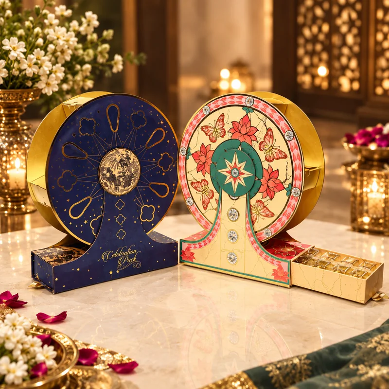 3rd Generation Leadership — navy celestial and floral wheel-shaped boxes with slide-out mithai drawers