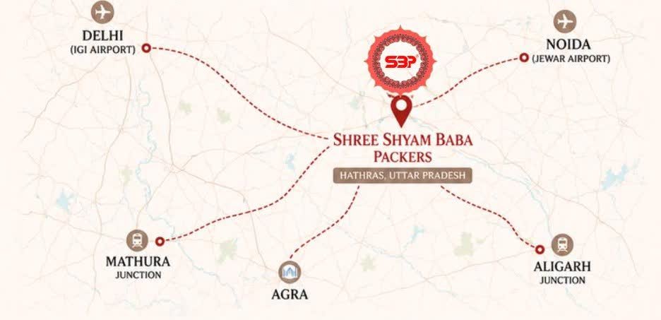 Map showing Shree Shyam Baba Packers in Hathras, Uttar Pradesh, with routes from Delhi, Noida, Mathura, Agra and Aligarh